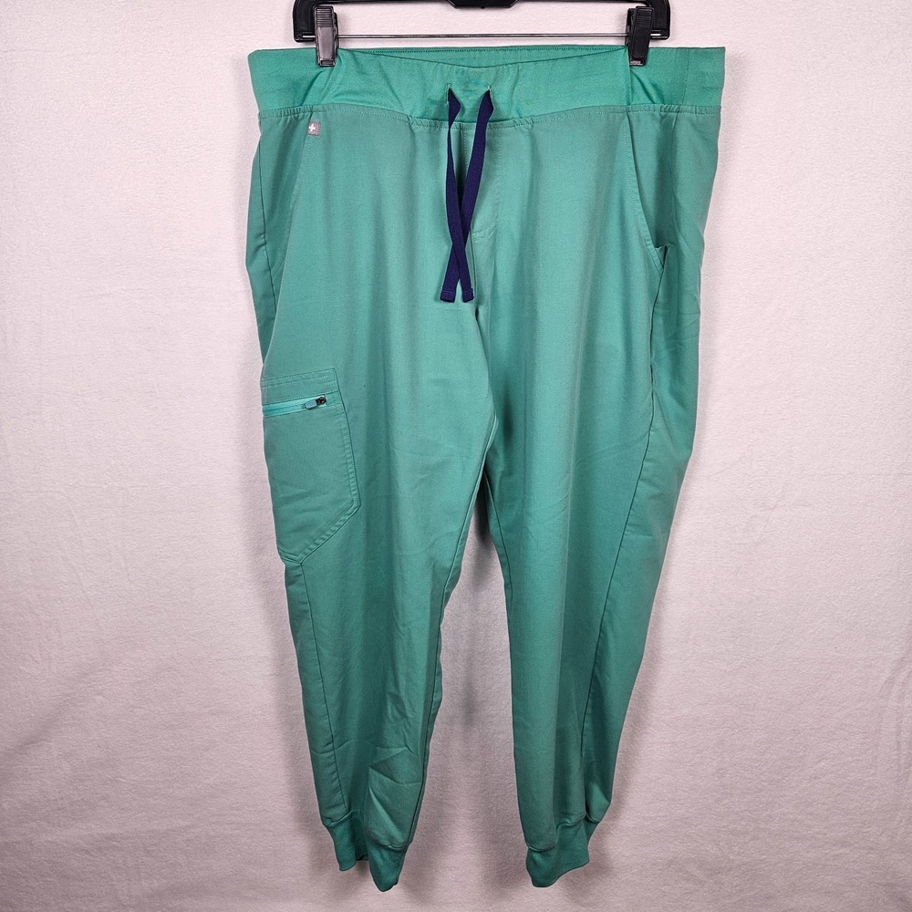 Figs Teal Green Jogger Scrub Pants with Navy Drawstring